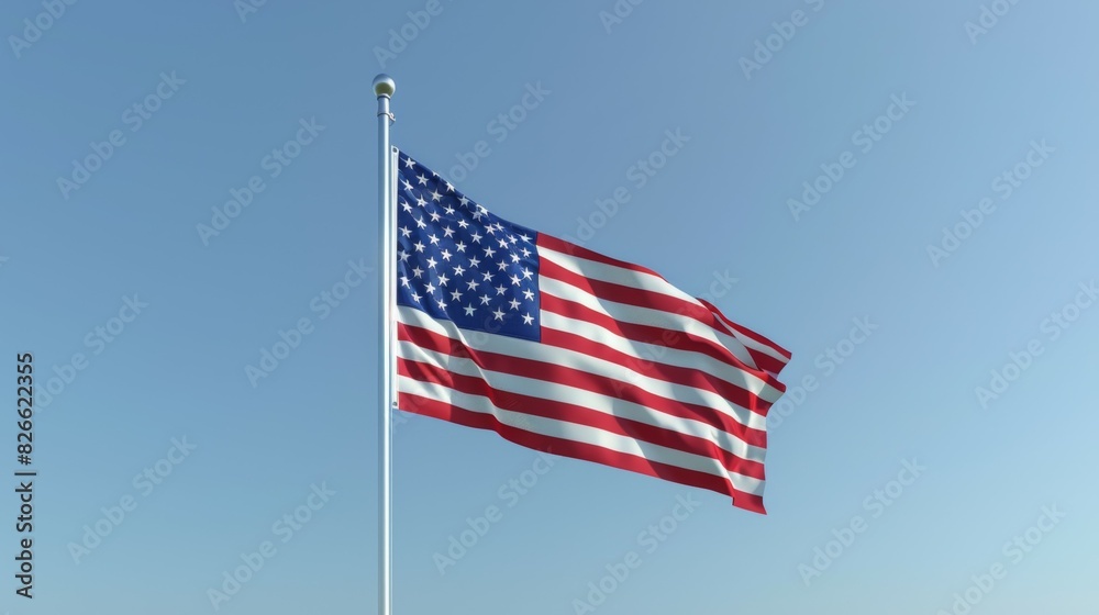 A large American flag is flying in the sky A large American flag is flying in the sky
