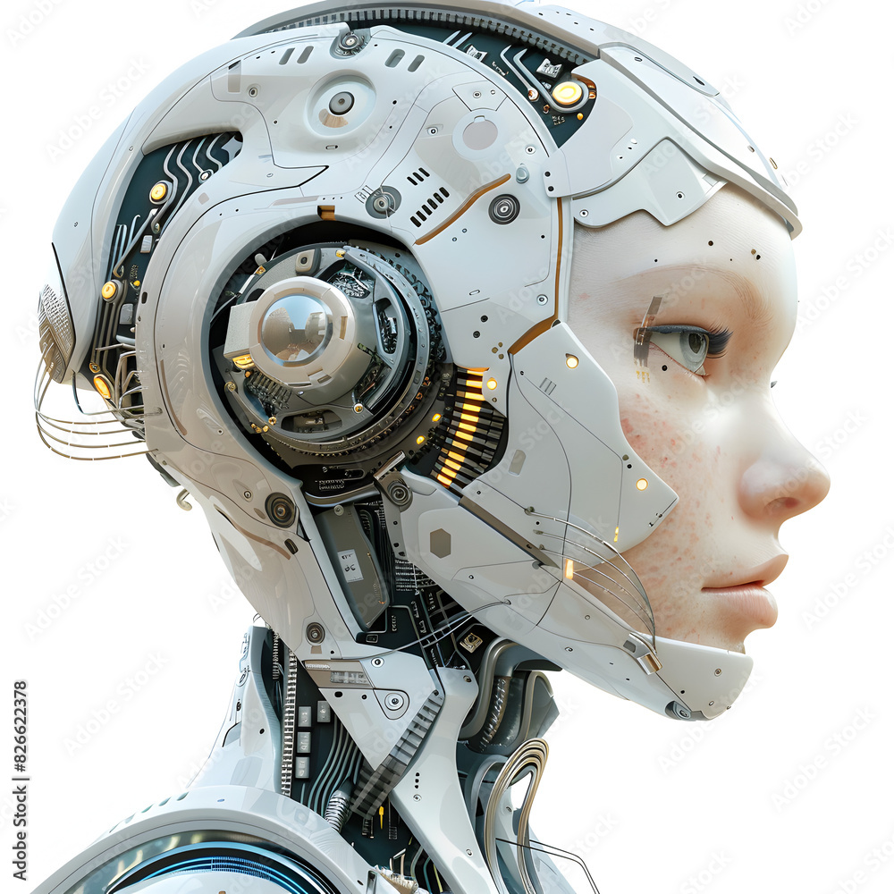 Futuristic 3D Female Character with Metallic Features and IGBT Circuits on White Background, Symbolizing Technological Advancements Futuristic 3D Female Character with Metallic Features and IGBT Circuits on White Background, Symbolizing Technological Advancements