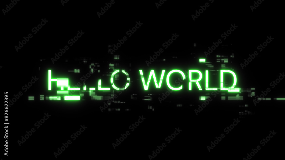 Obraz premium 3D rendering hello world text with screen effects of technological glitches