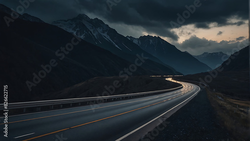  Empty Highway Overlooking Mountain Under Dark Sky with 16k high quality photo
