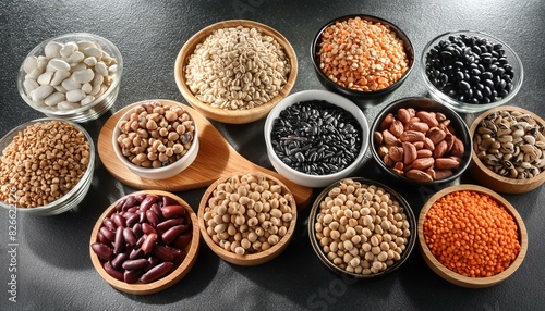 Assorted different types of beans and cereals grains. Set of indispensable sources of protein for a healthy lifestyle. Quality food. Healthy eating concept