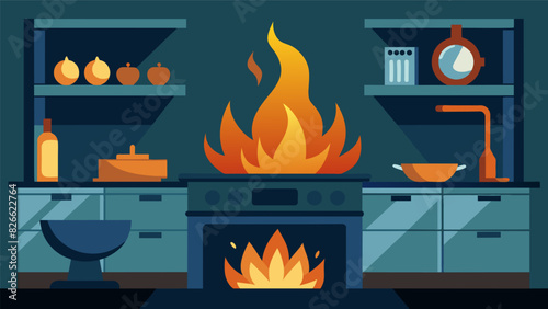 The flickering and everchanging flames of the stove bring a captivating ambiance to the kitchen.. Vector illustration