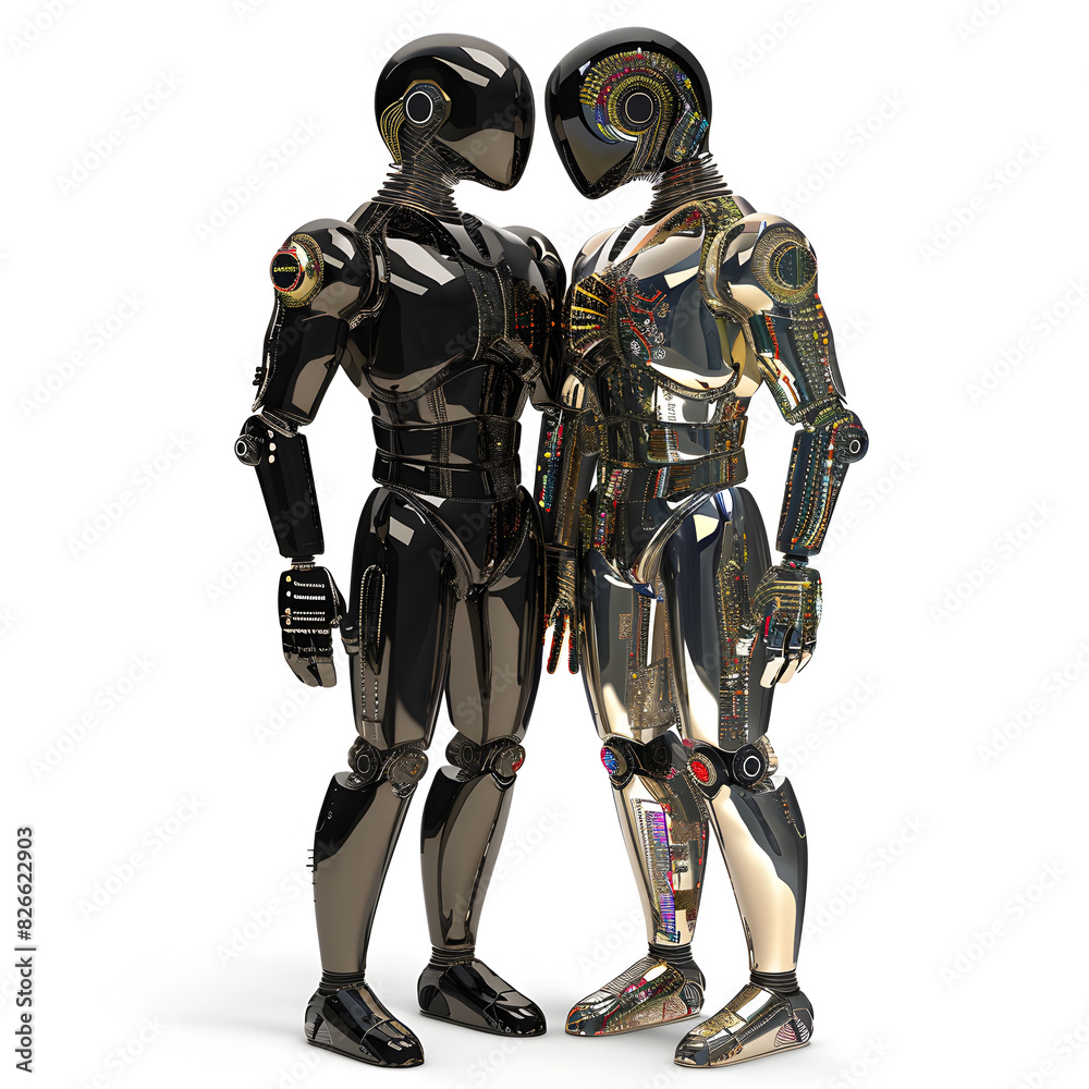 Futuristic 3D LGBT Couple with Metallic Features and Embedded LGBTQ+ Circuits on White Background - Symbol of Technological Progress and Partnership Futuristic 3D LGBT Couple with Metallic Features and Embedded LGBTQ+ Circuits on White Background - Symbol of Technological Progress and Partnership