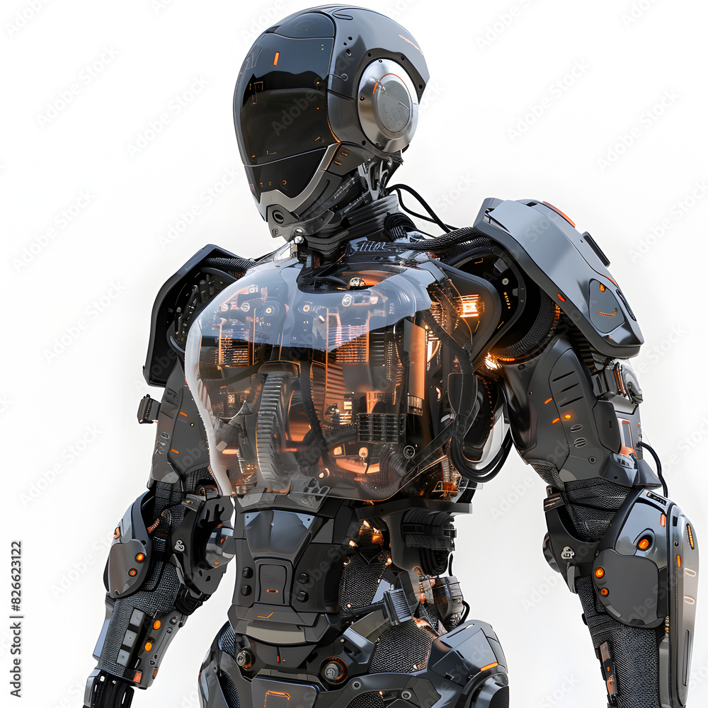 Futuristic 3D Character Revealing Internal IGBT Components on Transparent Panels, Symbolizing High-Tech Innovation on White Background Futuristic 3D Character Revealing Internal IGBT Components on Transparent Panels, Symbolizing High-Tech Innovation on White Background