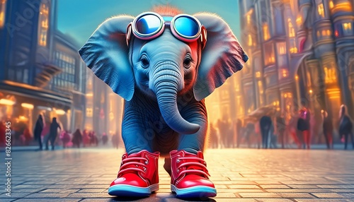 Baby elephant with goggles and red shoes 