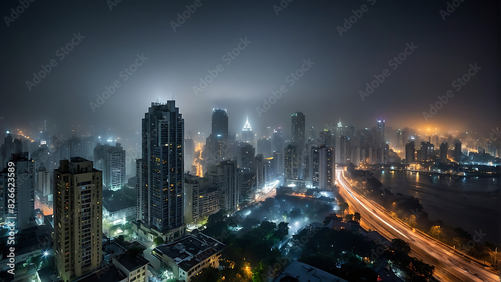 Fototapeta premium Night view of a bustling city, rain, fog, hazy
