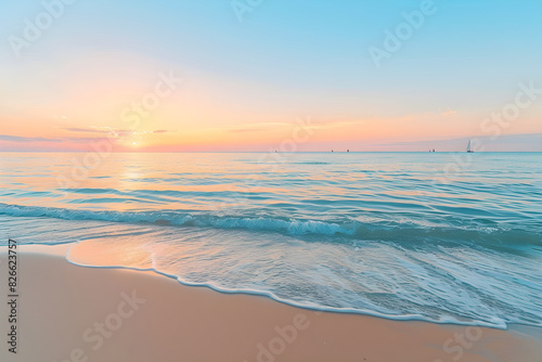 Tranquil Coastal Sunset with Distant Sailboats and Vibrant Sky