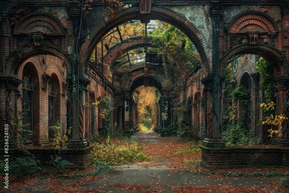 Mystical archway ruins overgrown with vines in an autumnal forest setting