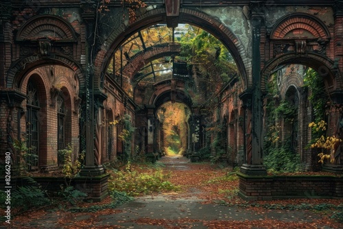 Mystical archway ruins overgrown with vines in an autumnal forest setting