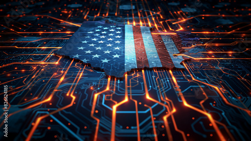 US flag stripes morph into a circuit board pattern