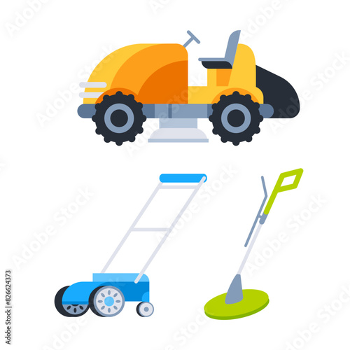 Lawnmower machine. Grass cutting. Garden machines mowing lawn leaves