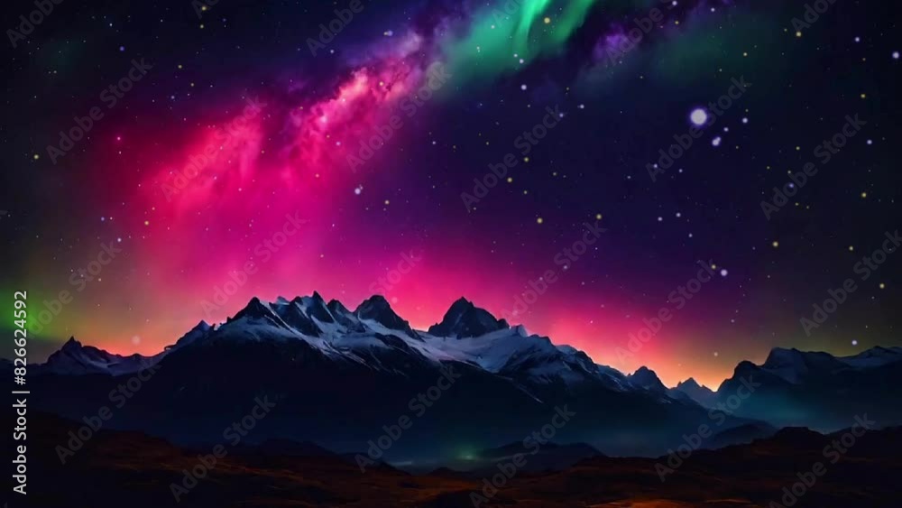 Beautiful view of snowy mountains at night with the movement of colorful green aurora on a starry night sky background. Colorful aurora night view background. 4K Beautiful view of snowy mountains at night with the movement of colorful green aurora on a starry night sky background. Colorful aurora night view background. 4K