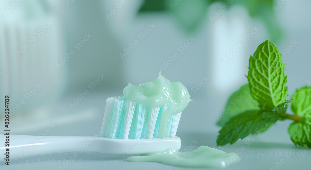Refreshing Mint Toothpaste on a Clean Toothbrush Against a Soft Blue Background Refreshing Mint Toothpaste on a Clean Toothbrush Against a Soft Blue Background