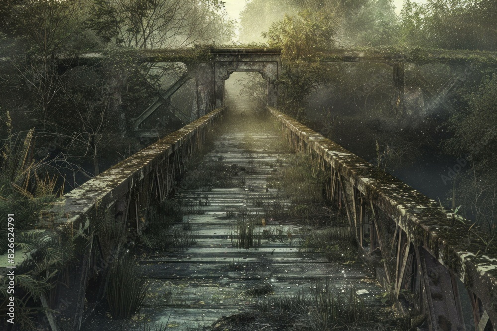 Obraz premium Atmospheric image of an old, overgrown bridge shrouded in fog within a serene forest