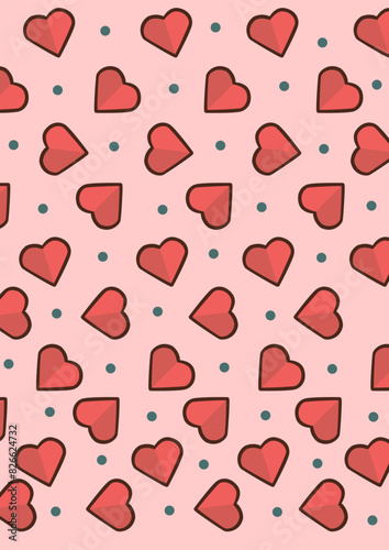 The seamless pink background with a combination of love pictures and polkadots