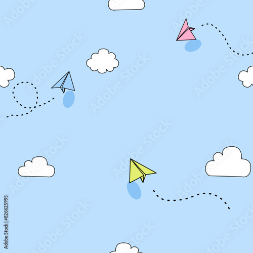 Seamless pattern. Welcome To School. Flying paper airplanes. Vector cartoon children planes in air. Back to school background drawing. backgrounds for Teacher appreciation day. 