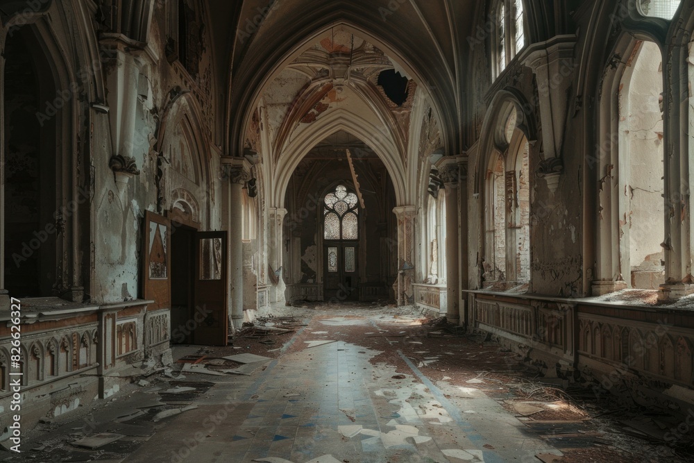 The haunting and eerie atmosphere of a desolate abandoned church interior with dilapidated architecture. Shattered windows. And peeling paint. Showcasing the grandeur and decay of this gothic