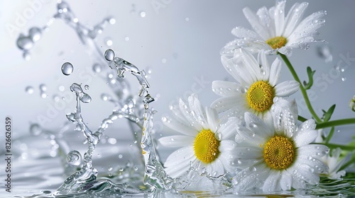 Daisies with fresh water splashes stand out against a simple clean backdrop.