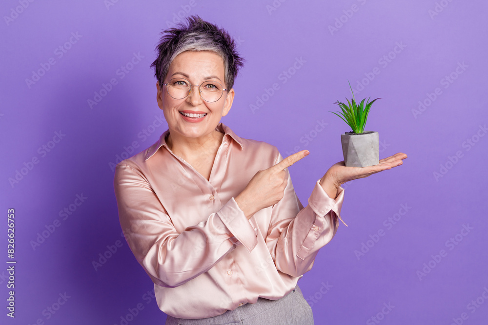 Photo portrait of attractive retired woman hold houseplant point dressed stylish satin clothes isolated on violet color background Photo portrait of attractive retired woman hold houseplant point dressed stylish satin clothes isolated on violet color background