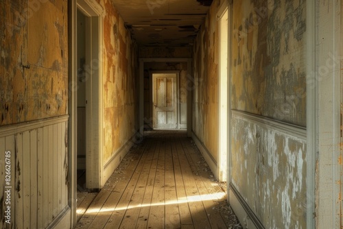 Exploring the sunlit, eerie abandoned corridor in a decaying building with serene yet derelict architecture, old and empty, haunted by history and vintage texture on the walls