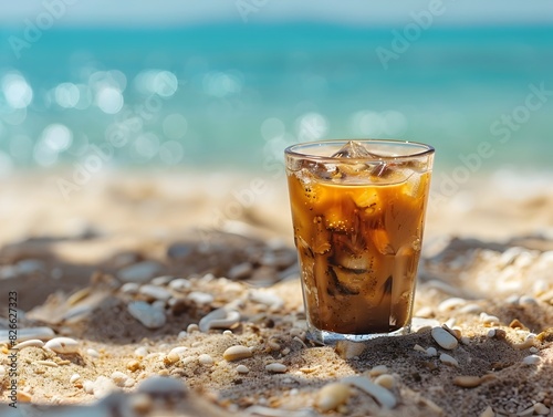 Iced Coffee Drink on Pristine Beach with Blurred Ocean Waves in the Background Offering a Moment of Relaxation and Refreshment