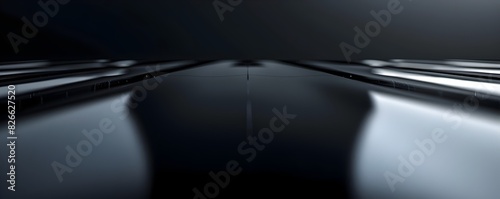 Glossy black surface with sharp reflections modern and sleek design for high tech product presentation concept with copy space