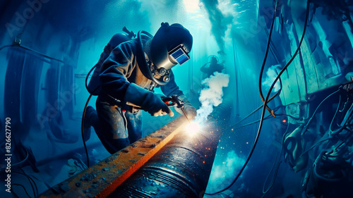 Welder diver repairs metal underwater