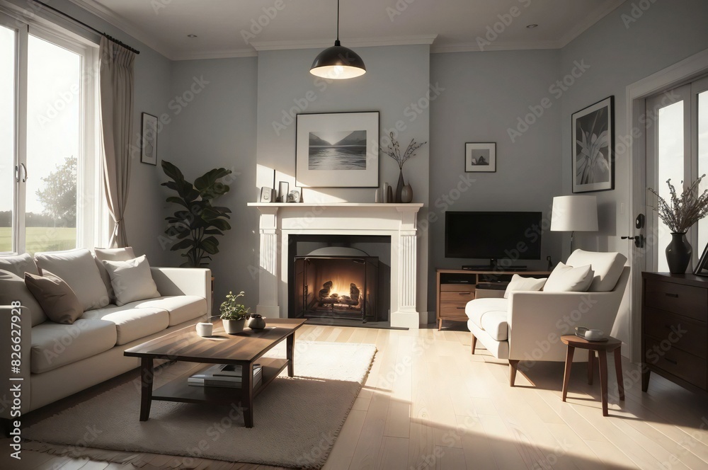 Fototapeta premium Modern and cozy living room with natural light, featuring comfortable sofas, a lit fireplace, and stylish home decor elements