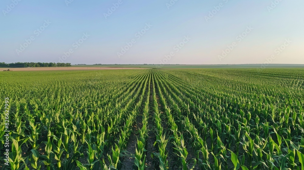 An aerial perspective showing rows of mature corn plants in a vast field, demonstrating agricultural land use.