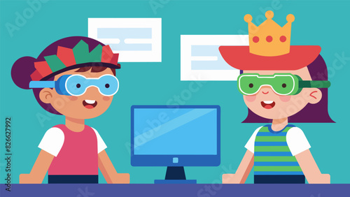 On the screens two kids are playing dressup together trying on silly virtual hats and sunglasses.. Vector illustration