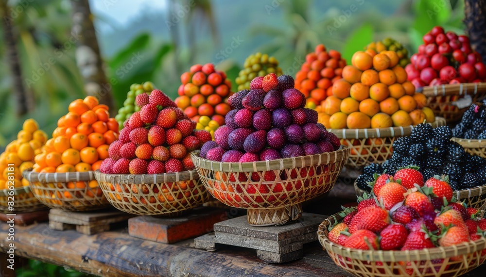 Variety of Fruits in Baskets on Table Variety of Fruits in Baskets on Table
