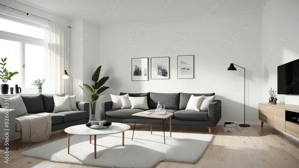 Bright and airy living room featuring gray sofas, white walls, wooden furniture, and decorative plants for a tranquil ambiance Bright and airy living room featuring gray sofas, white walls, wooden furniture, and decorative plants for a tranquil ambiance