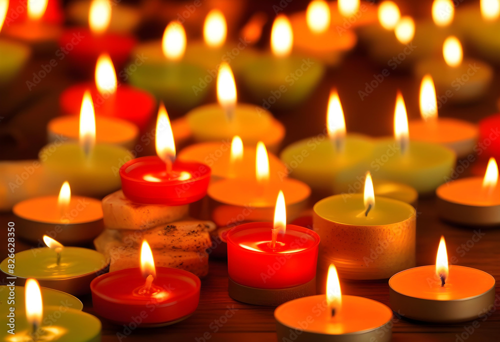 A dark background with flickering tea candles A dark background with flickering tea candles