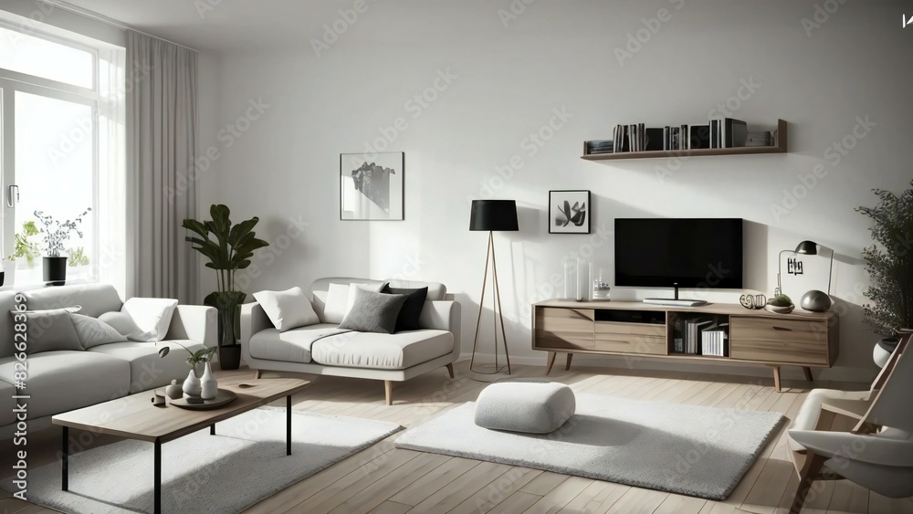 Stylish and contemporary living room design featuring elegant furniture, minimalistic decor, and ample natural light from a large window Stylish and contemporary living room design featuring elegant furniture, minimalistic decor, and ample natural light from a large window