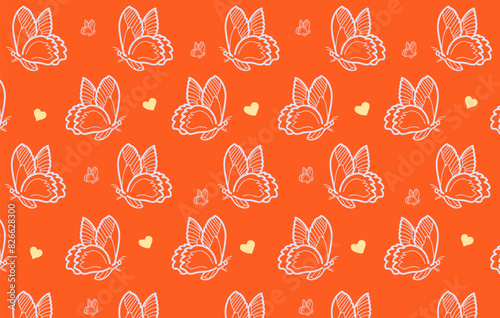 The seamless orange background with a combination of butterfly and love