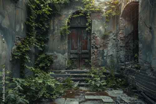 Overgrown vegetation reclaims an abandoned house with a wooden door photo