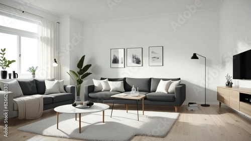 Bright and airy living room featuring gray sofas  white walls  wooden furniture  and decorative plants for a tranquil ambiance