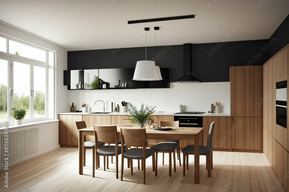 Fototapeta premium Modern kitchen design with wooden cabinetry, integrated appliances, and a charming dining table illuminated by natural light from expansive windows
