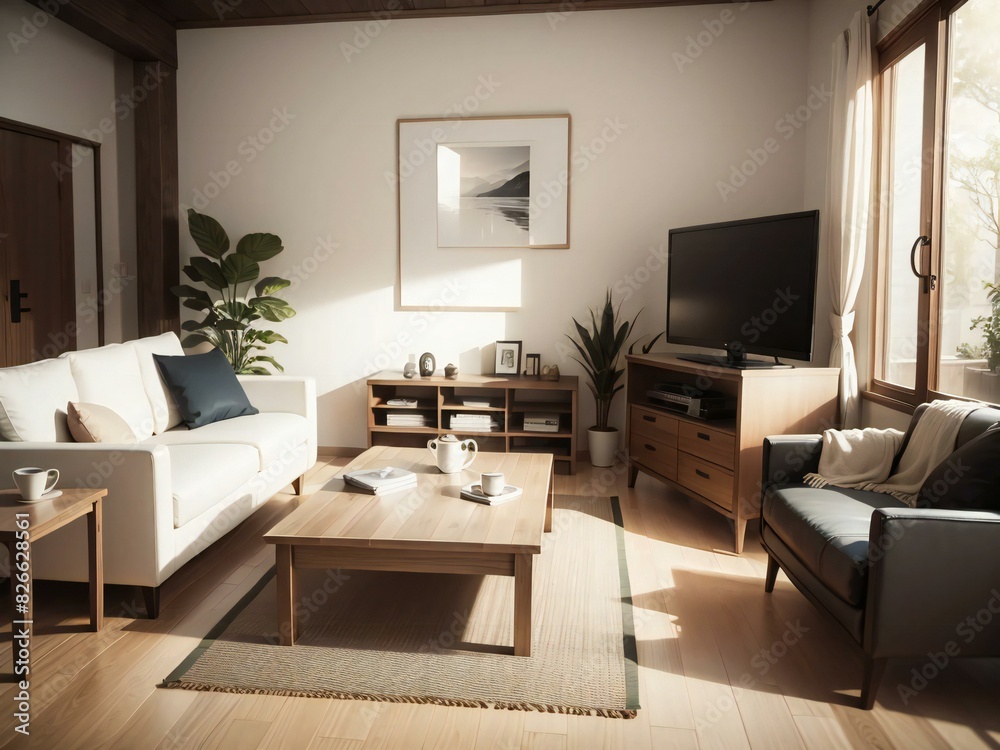 Inviting and chic living room interior flooded with natural light, featuring modern furnishings and a comfortable ambiance Inviting and chic living room interior flooded with natural light, featuring modern furnishings and a comfortable ambiance