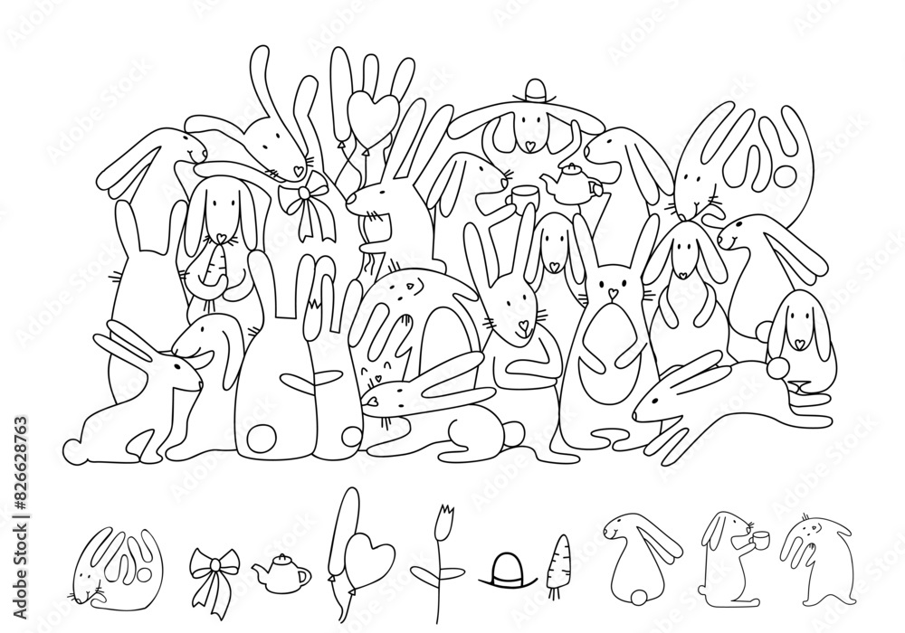 Find and color hidden objects. Cute bunnies. Easter rabbits. Coloring page. Educational puzzle game for children. Sketch vector illustration