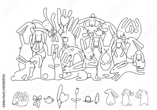 Find and color hidden objects. Cute bunnies. Easter rabbits. Coloring page. Educational puzzle game for children. Sketch vector illustration