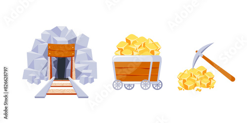 Mining icon set. Gold Mine tools. Pile of Valuable Minerals and Trolley. Retro tunnel. Old mine.