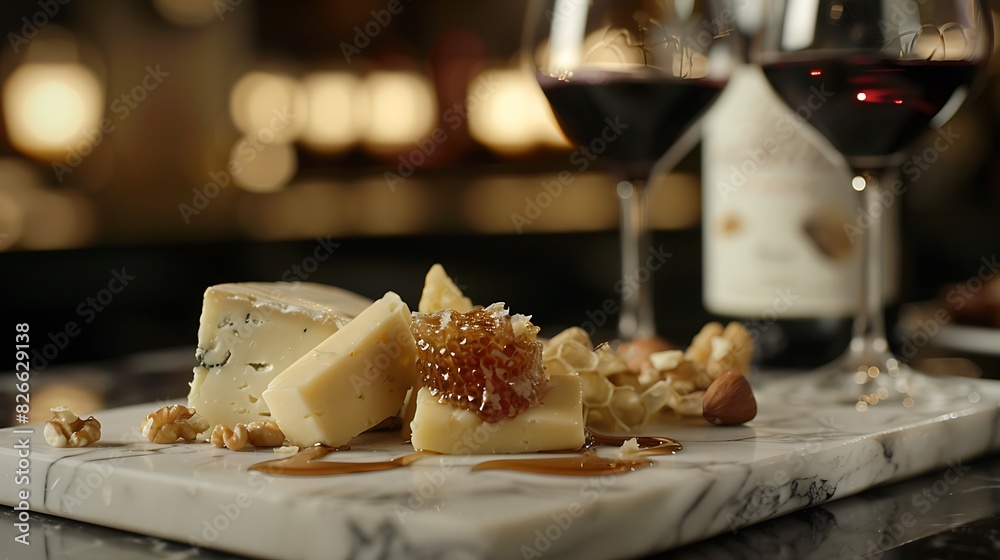 A close-up of a gourmet cheese plate, with an assortment of cheeses, nuts, and honeycomb, on a marble board, with a glass of red wine on the side.