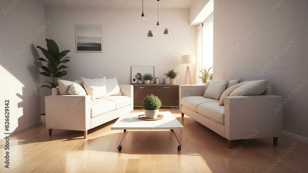 Elegant and sleek living room featuring white sofas, wooden furniture, and green plants, bathed in natural sunlight from large windows