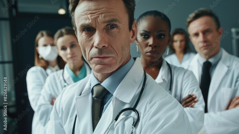 Fototapeta premium Experienced and skilled doctor standing confidently with fellow doctors