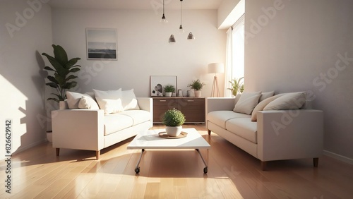 Elegant and sleek living room featuring white sofas  wooden furniture  and green plants  bathed in natural sunlight from large windows