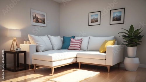 Chic minimalist living room with a cozy white sofa  vibrant cushions  and elegant wall decor in a tranquil environment