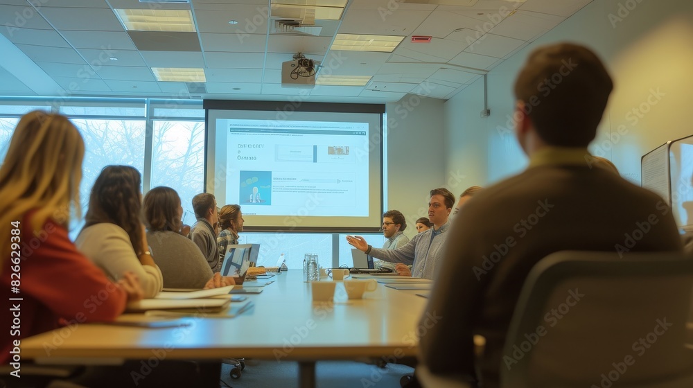 Close-up of a manager discussing quarterly goals with a diverse team in a modern office Close-up of a manager discussing quarterly goals with a diverse team in a modern office