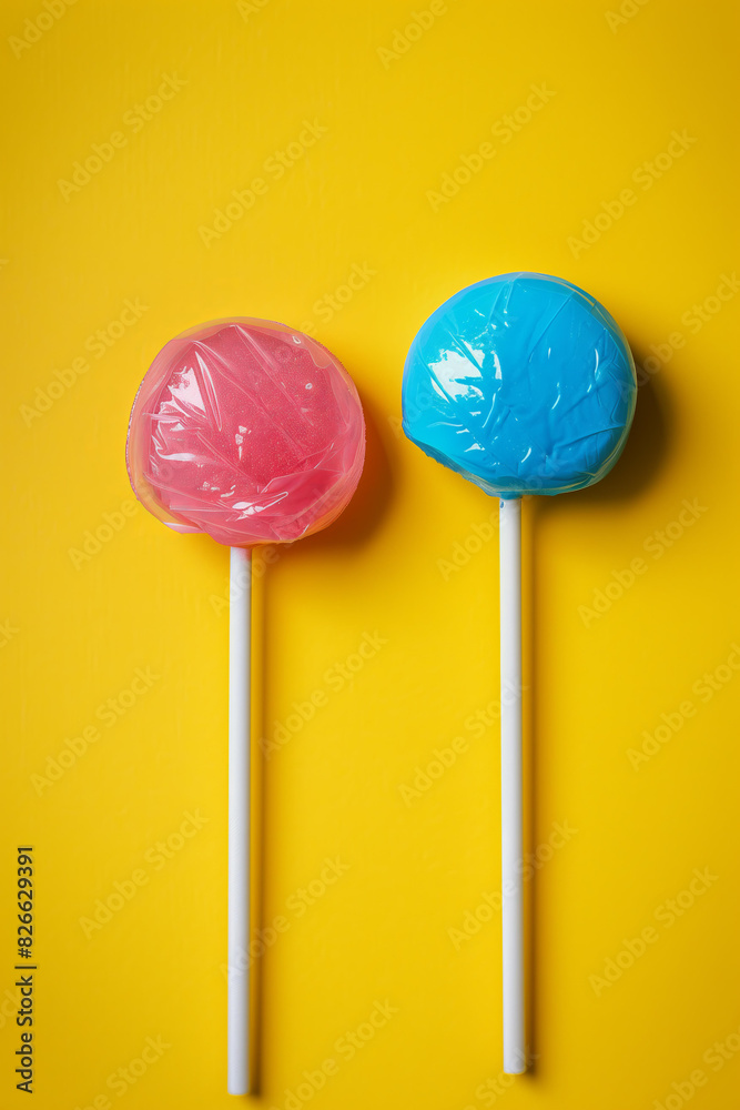 two lollipops, one pink and the other blue, on yellow background, product photography two lollipops, one pink and the other blue, on yellow background, product photography