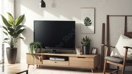 Sleek television setup with indoor greenery and natural light creating a stylish and cozy living room ambiance